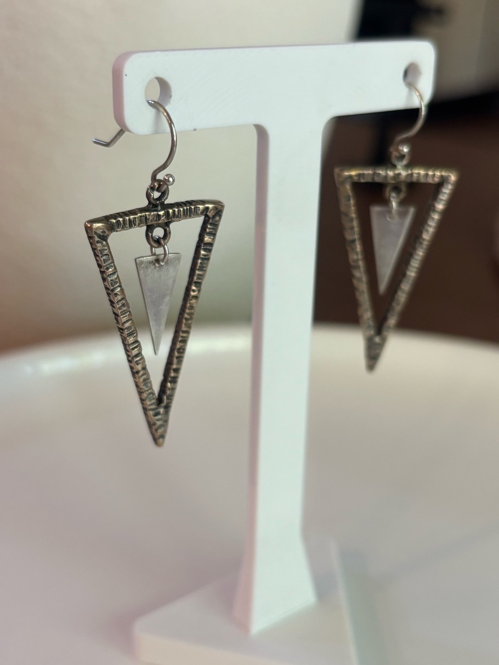 925 Sterling Silver Double Triangle Dangle Drop Earrings Textured Geometric 1.5”